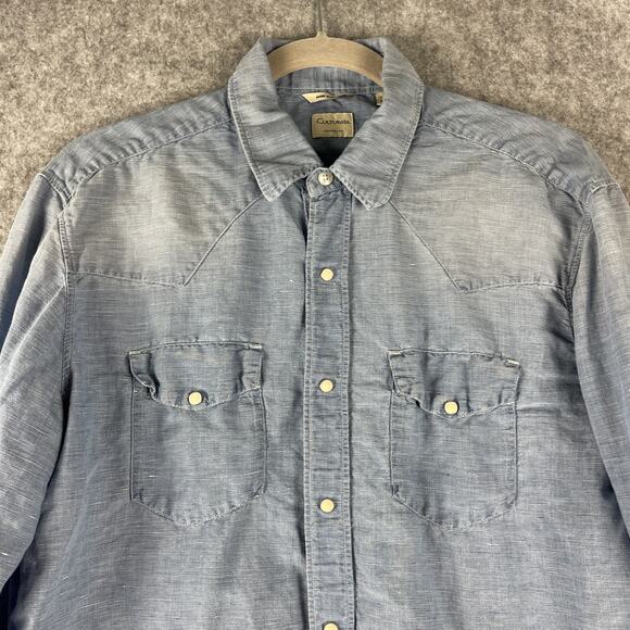 Culturata Linen Blend Western Shirt Men Large 16.5 42 Blue Faded Pearl Snap Itay - Picture 2 of 13